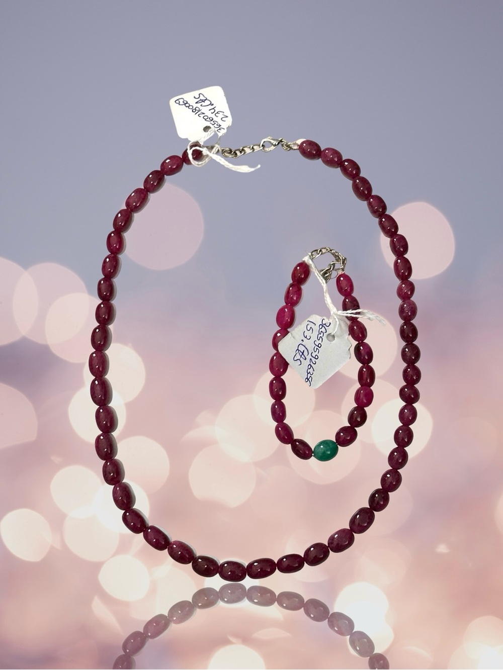 Genuine Ruby & Emerald Beaded Necklace & Bracelet Set, Artisan, from India.